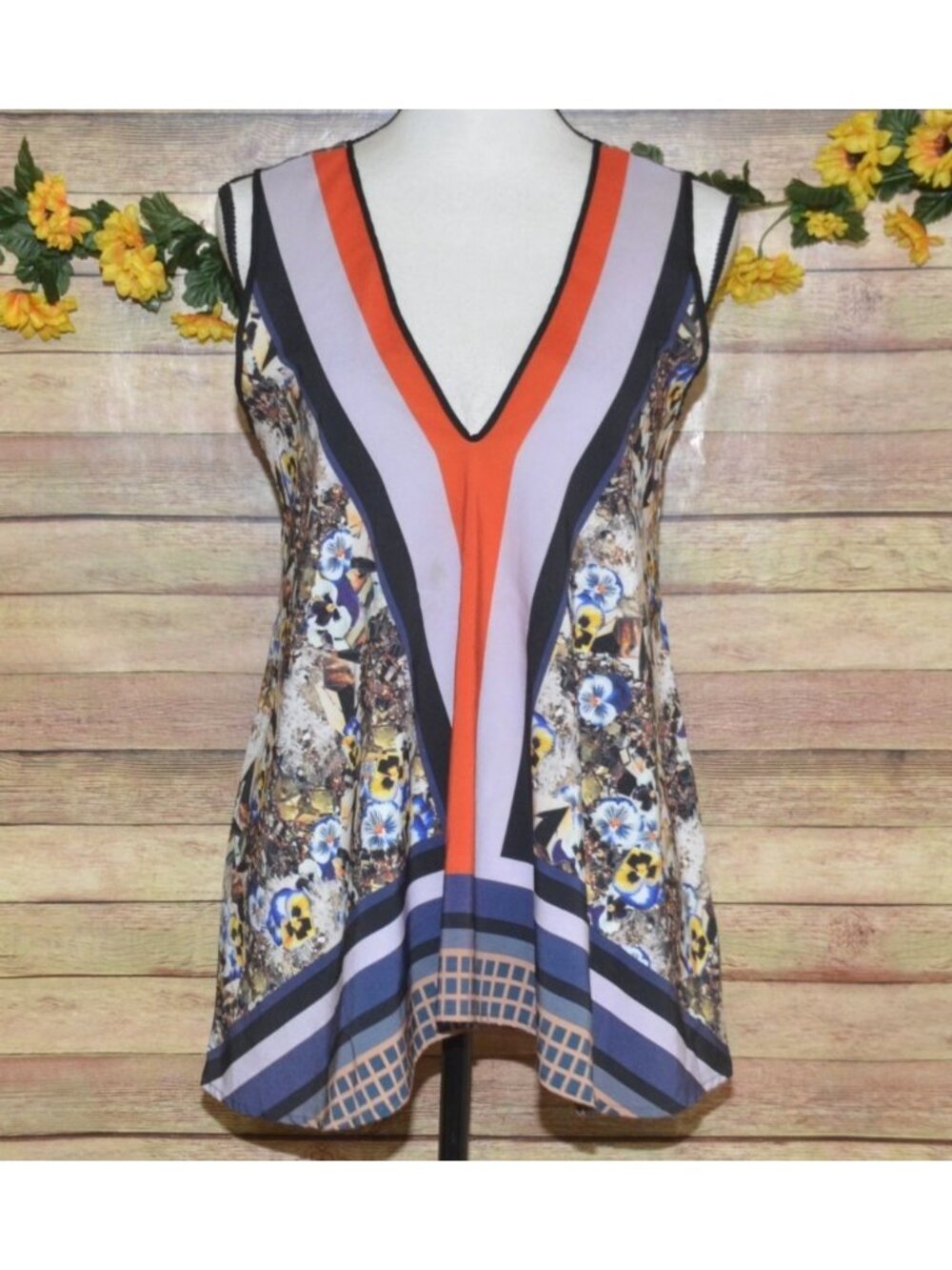 Clover Canyon Top Women's S Chiffon Multicolor Mixed Print Blouse Sleeveless